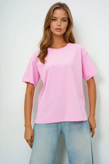Pembe Bisiklet Yaka Basic T Shırt