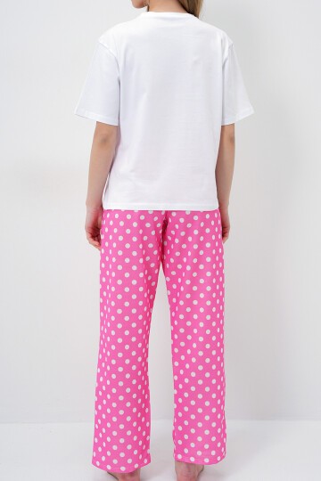 Pembe Bisiklet Yaka Basic T Shırt Ve Puantiye Desenli Pantolonlu Pijama Takımı