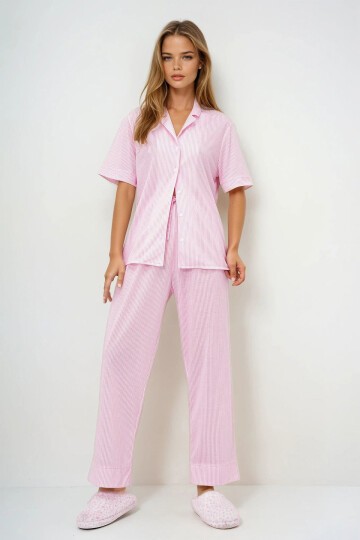 Pembe Duble Kol Ve Paça Detaylı Çizgili Gömlek Ve Pantolonlu Pijama Takımı