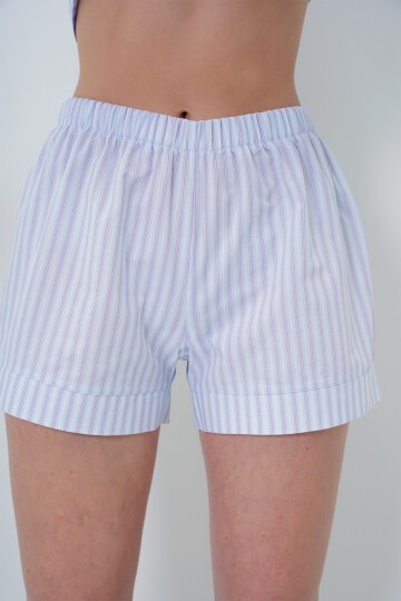 Pembe Mavi Duble Manşet Ve Paça Detaylı Dokuma Gömlek Ve Şortlu Pijama Takımı