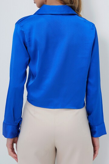 Saks Saten Crop Gömlek