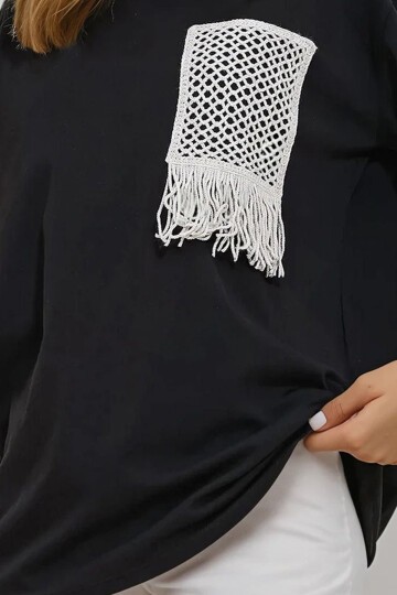 Siyah Bisiklet Yaka Örgü Cepli İki İplik T Shirt