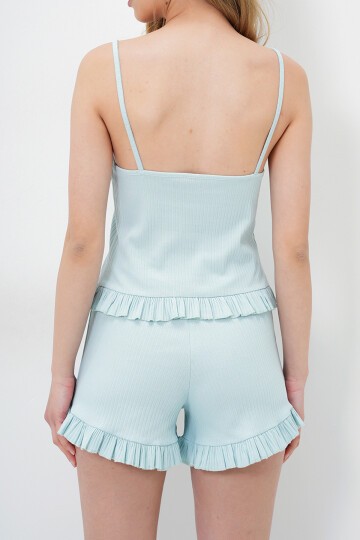 Turkuaz Yeşili Beli Ve Paçası Fırfır Detaylı Askılı Crop Bluz Ve Şortlu Pijama Takımı