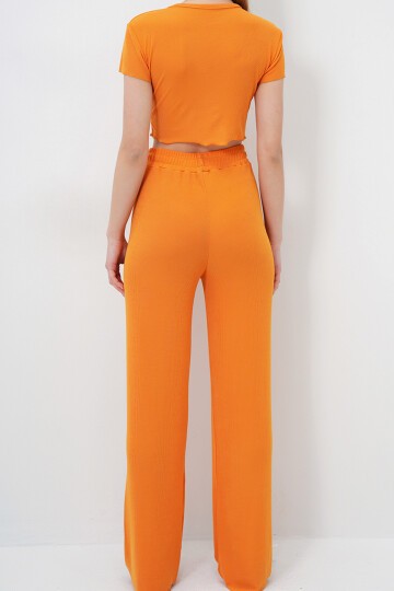Turuncu Bisiklet Yaka Crop Bluz, Şort Ve Pantolonlu 3 Lü Set Pijama Takımı