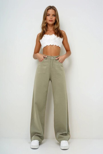 Yeşil Yüksek Bel Beş Cepli Wide Leg Yazlık Gabardin Pantolon