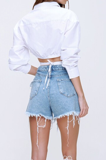 Beyaz Bağcıklı Crop Poplin Gömlek
