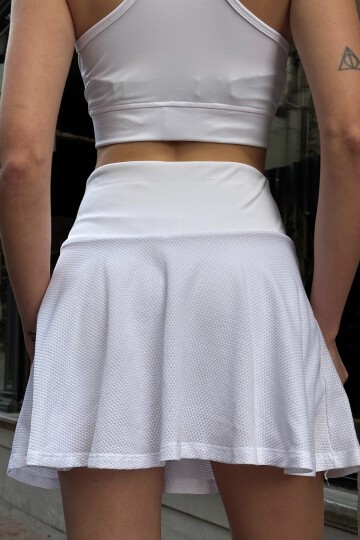 Beyaz Beli Lastikli Şort Etek Crop Atlet Çanta Ve Kare Güneş Gözlüğü Takım Stay Fit V00024