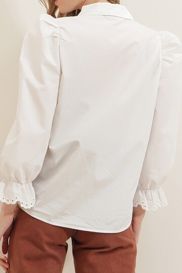 Beyaz Prenses Kol Güpür Nakışlı Dokuma Gömlek