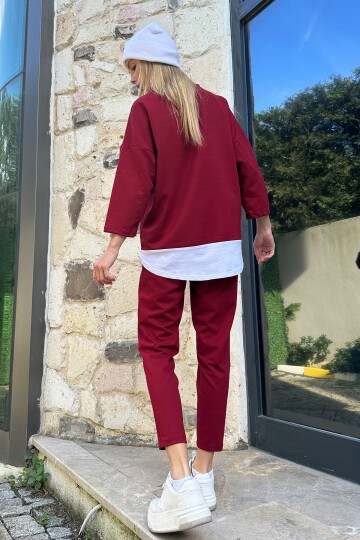 Bisiklet Yaka Renk Garnili Bluz Ve Çift Cepli Nervür Dikişli Pantolon İkili Takım