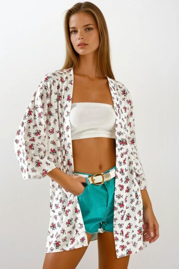 Çiçek Desenli Dokuma Viskon Kimono