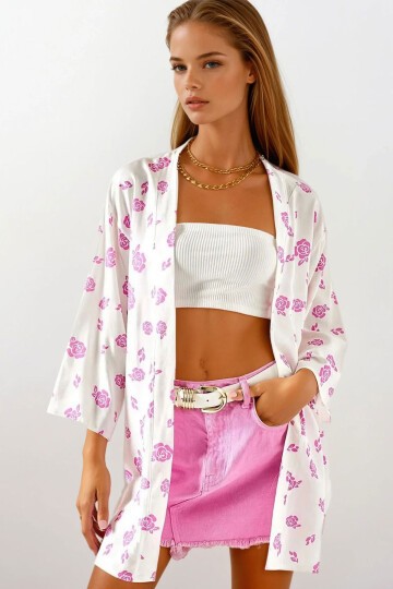 Çiçek Desenli Dokuma Viskon Kimono