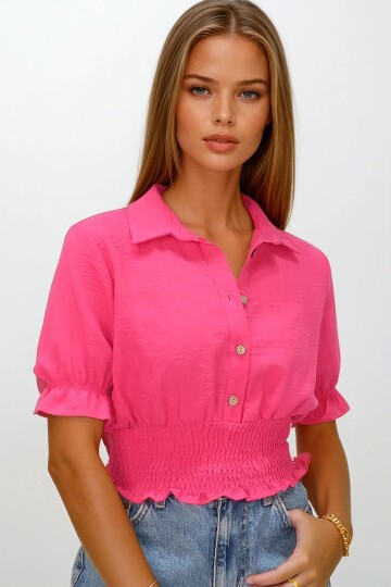 Fuşya Beli Lastikli Düğme Kapamalı Gömlek Yaka Bluz
