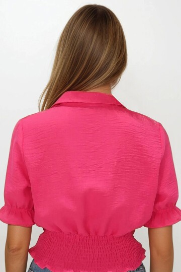 Fuşya Beli Lastikli Düğme Kapamalı Gömlek Yaka Bluz