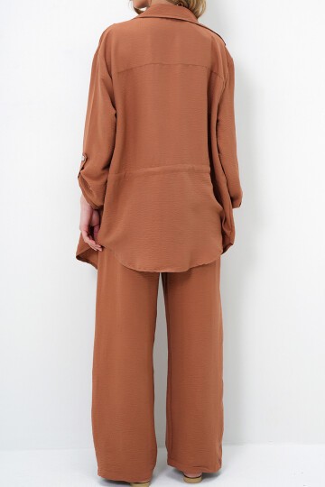 Kahverengi Çift Cepli Safari Ceket Ve Beli Lastikli Wide Leg Aerobin Pantolonlu Takım