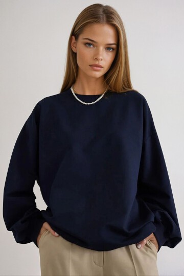 Lacivert Bisiklet Yaka Oversize Mevsimlik Basic Sweatshirt