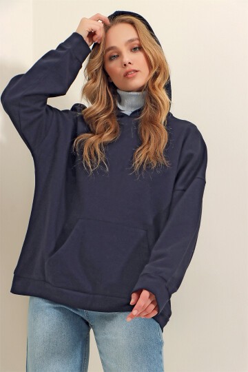 Lacivert Kapüşonlu Kanguru Cepli 3 İplik Kalın Sweatshirt