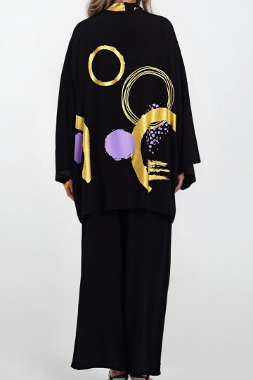 Lila Desenli Kimono Bluz ve Pantolon Büyük Beden Alt Üst Takım