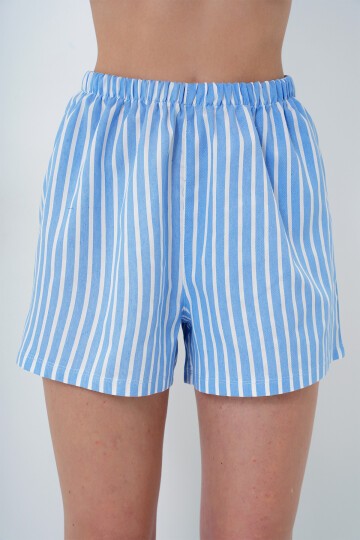 Mavi Yazlık Pamuk Örme Gömlek Ve Şort Pijama Takım