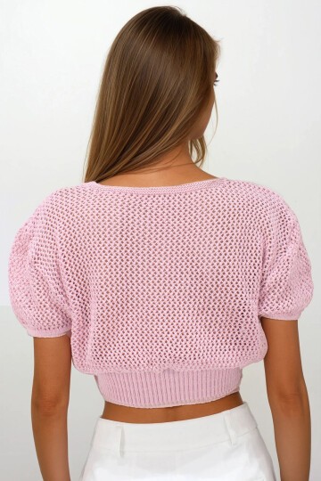 Pembe Beli Gipeli Ajurlu Crop Bluz