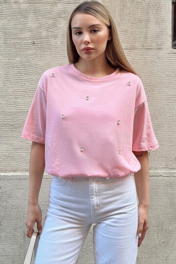 Pembe Bisiklet Yaka Oversize İnci Ve Taş İşlemeli T-Shirt