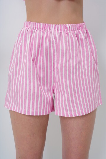 Pembe Yazlık Pamuk Örme Gömlek Ve Şort Pijama Takım