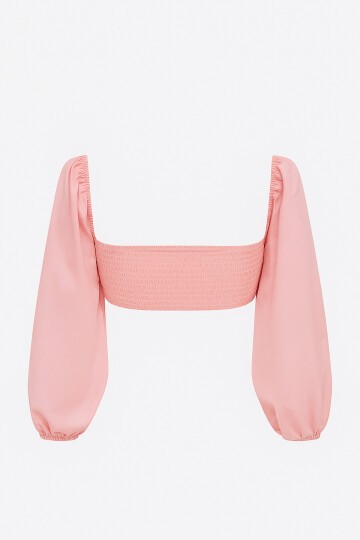 Pembe Poplin Sırtı Gipeli Toka Detaylı Prenses Kol Crop Bluz