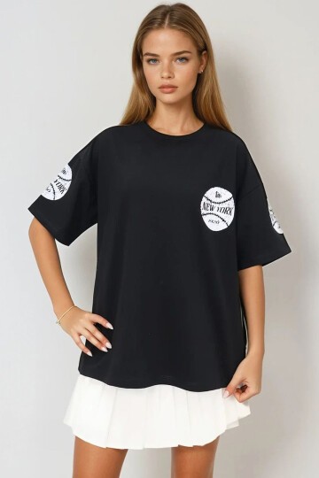 Siyah Bisiklet Yaka Ön Ve Arka Dijital Baskılı İki İplik Unisex Oversize T Shirt