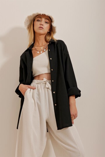 Siyah Oversize Keten Gömlek