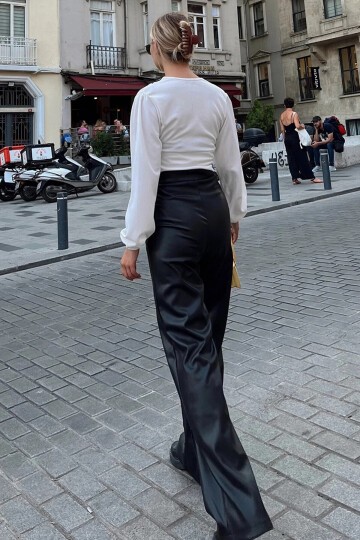 Siyah Yüksek Bel Nervür Dikişli İçi Süet Deri Palazzo Pantolon