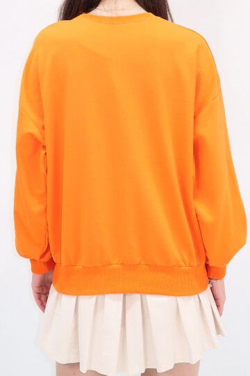 Turuncu Bisiklet Yaka Yazı Baskılı Oversize Sweatshirt