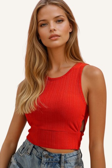 Turuncu Dekolteli Crop Kaşkorse Bluz