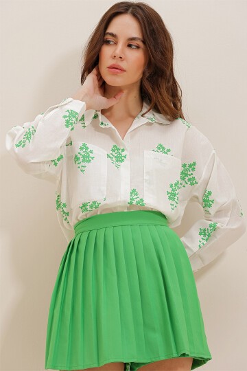 Yeşil Çiçek Desenli Oversize Dokuma Gömlek