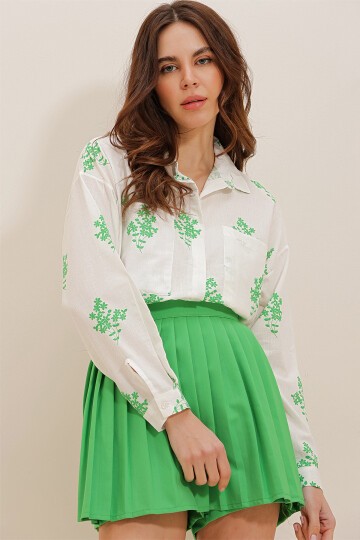 Yeşil Çiçek Desenli Oversize Dokuma Gömlek