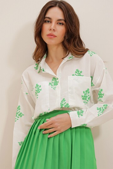 Yeşil Çiçek Desenli Oversize Dokuma Gömlek