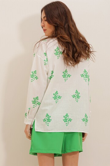 Yeşil Çiçek Desenli Oversize Dokuma Gömlek