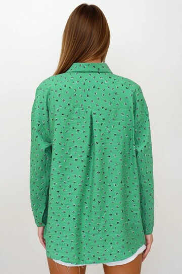 Yeşil Desenli Oversize Keten Gömlek