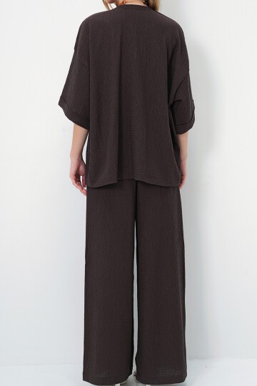 Acı Kahve Duble Kol Bürümcük Kumaş Yazlık Kimono Ve Pantolon Takım