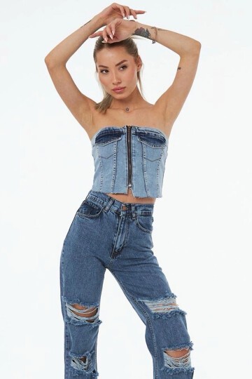 Açık Mavi Fermuarlı Straplez Gipeli Denim Büstiyer