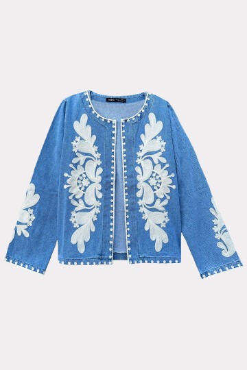 Açık Mavi Nakışlı Denim Ceket