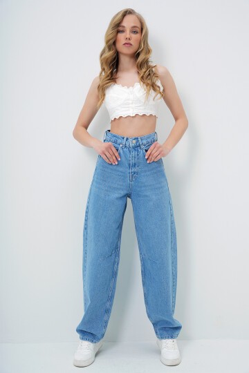 Açık Mavi Yüksek Bel Eskitmeli Kemer Detaylı Premium Baggy Pantolon