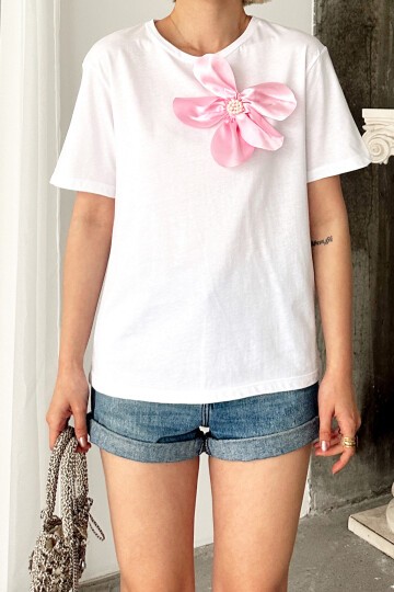 Beyaz Bisiklet Yaka Çıkabilen Çiçekli Pamuk T Shirt