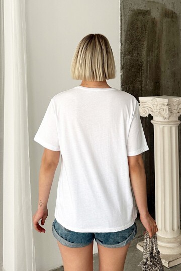 Beyaz Bisiklet Yaka Çıkabilen Çiçekli Pamuk T Shirt