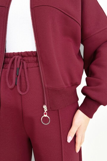 Bordo Bisiklet Yaka 3 İplik Şardonlu Önü Fermuarlı Sweat Ve Çimalı Pantolon Takım