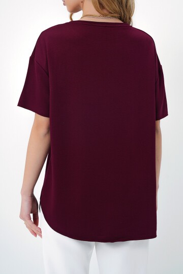 Bordo Bisiklet Yaka Oval Kesim Modal T Shirt