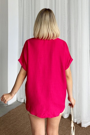 Fuşya Kroşeta Cepli Oversize Keten Gömlek