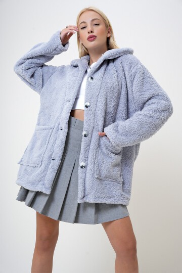 Gri Çift Cepli Önü Düğmeli Oversize Peluş Ceket