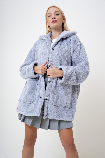 Gri Çift Cepli Önü Düğmeli Oversize Peluş Ceket