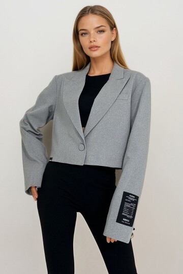 Gri Omuzları Vatkalı İçi Astarlı Blazer Crop Ceket