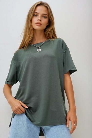 Haki Bisiklet Yaka Oval Kesim Modal T Shirt