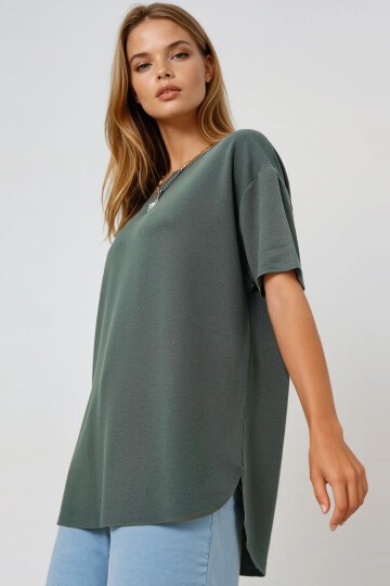 Haki Bisiklet Yaka Oval Kesim Modal T Shirt